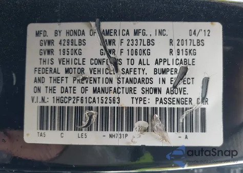 2012 Honda Accord 2.4 Se from USA, damaged, VIN 1HGCP2F61CA152563